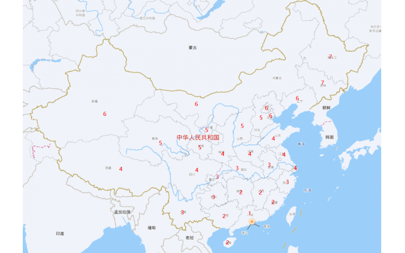 業(yè)務(wù)范圍數(shù)字化，按照距離廣東的臨近省份分布做出1到7的順序，每個數(shù)字代表跟廣東的相鄰省份數(shù)字。